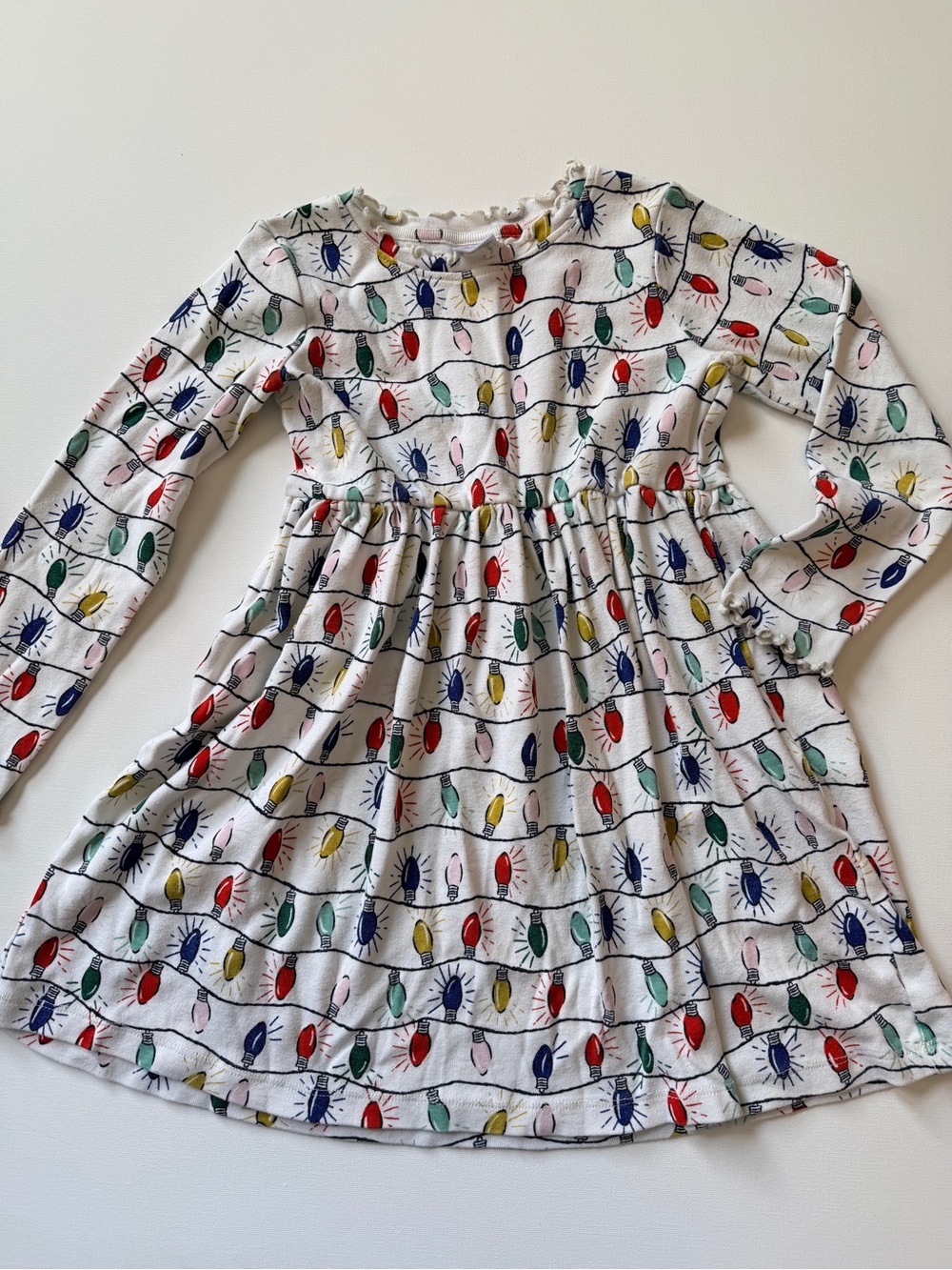 Hanna Andersson Girls' White Holiday Light Print Long Sleeve Dress